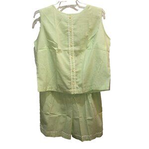 Vintage Green White Gingham Embroidery Seersucker Short Shirt Set Size XL 16 42